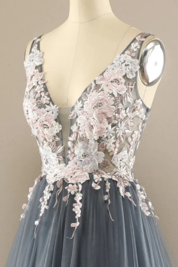 V Neck Ball Gown Tulle Prom Dress Floral Lace Party Dress APP0699