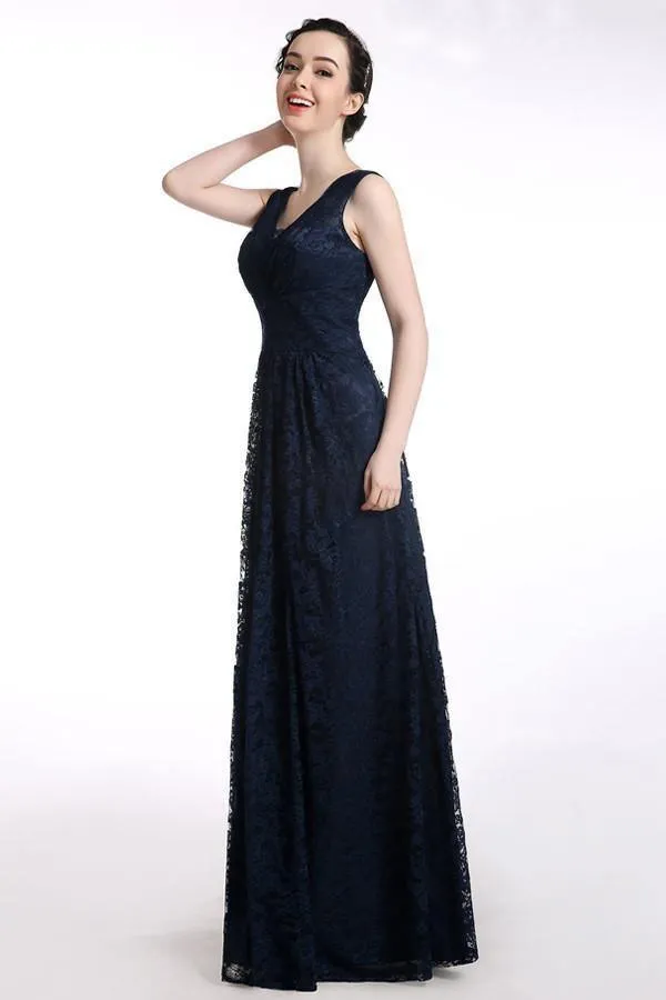 V-neck Floor-length Sleeveless Lace Navy Blue Prom Dress PG 229