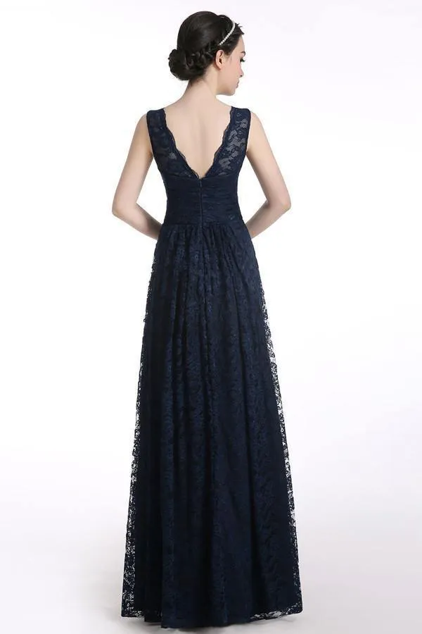 V-neck Floor-length Sleeveless Lace Navy Blue Prom Dress PG 229