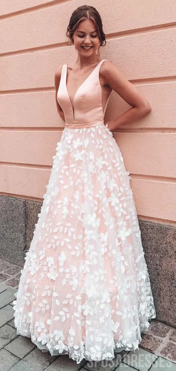 V Neck Flower Skirt Lace Wedding Dresses, Cheap Wedding Gown, WD675