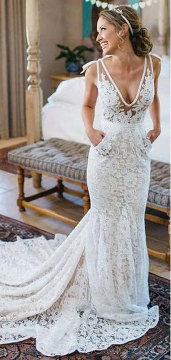 V-neck Lace Mermaid Cheap Wedding Dresses Online, Cheap Lace Bridal Dresses, WD478