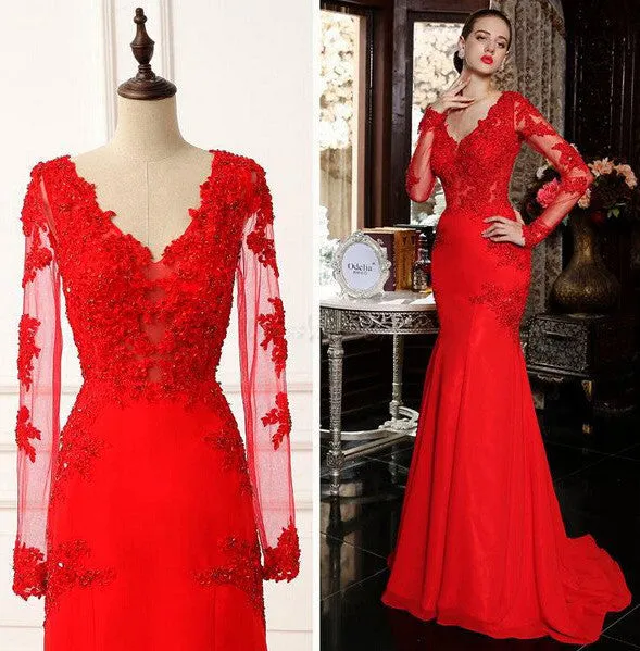 V-neck Mermaid Long Sleeves Satin Prom Gown,Prom Dresses With Lace Appliques,SD361