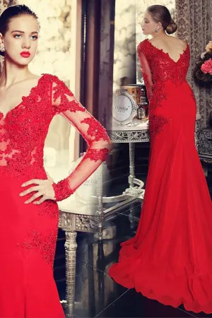 V-neck Mermaid Long Sleeves Satin Prom Gown,Prom Dresses With Lace Appliques,SD361