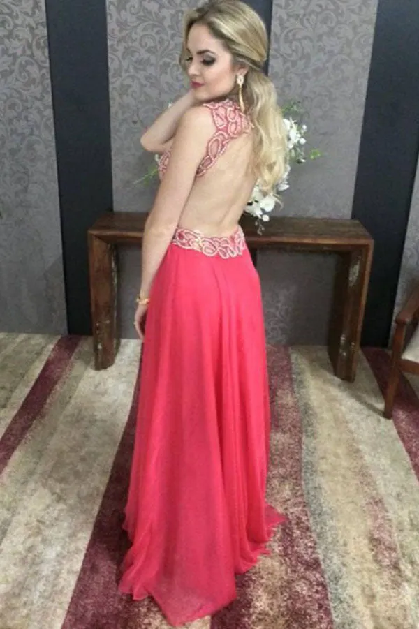 V-neck Red Beaded Open Back A-line Prom Dresses, Formal Dresses, M213