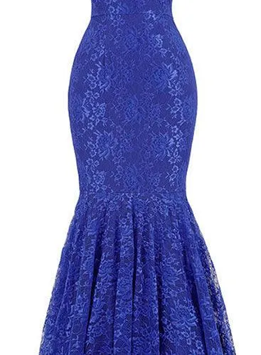 V-Neck Sleeveless Floor Length Royal Blue Mermaid Lace Prom Dress  TP0028