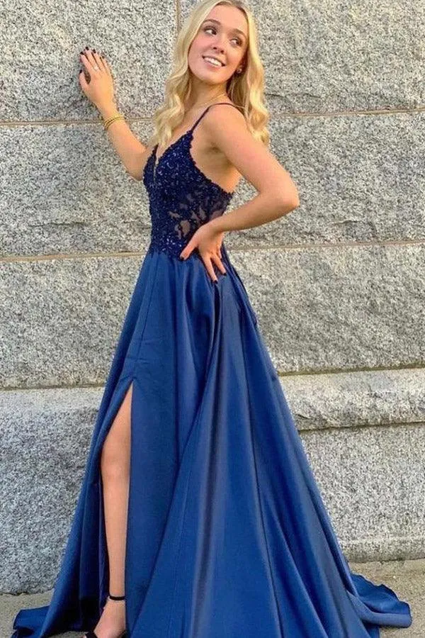 V-neck Spaghetti Straps Prom Dresses Satin A-line Formal Gowns TP0999