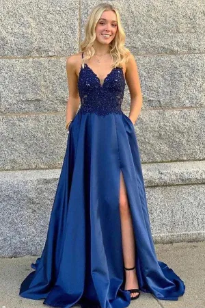 V-neck Spaghetti Straps Prom Dresses Satin A-line Formal Gowns TP0999
