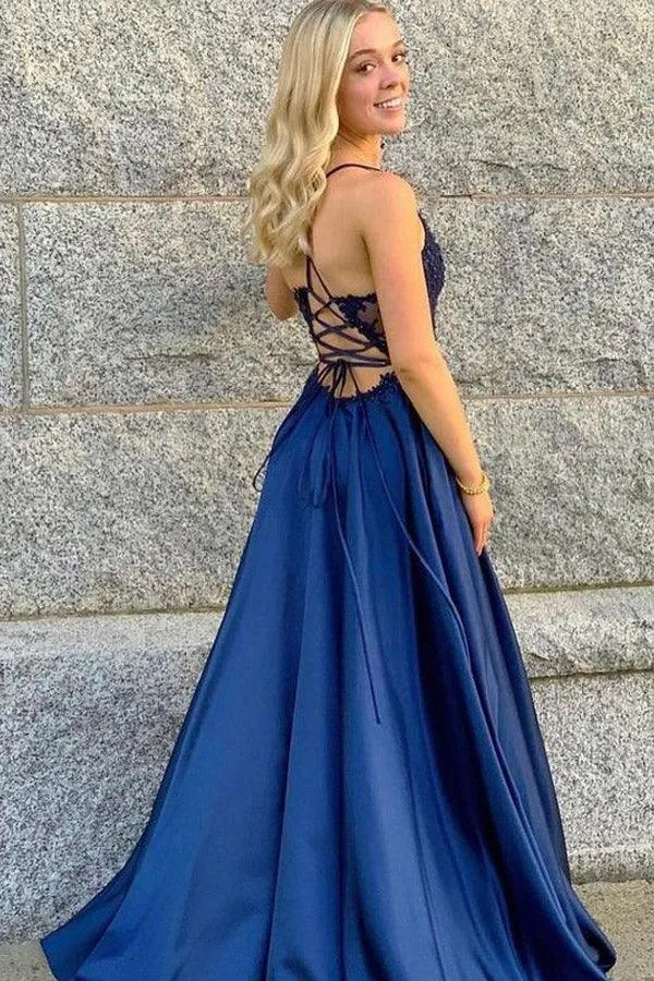 V-neck Spaghetti Straps Prom Dresses Satin A-line Formal Gowns TP0999