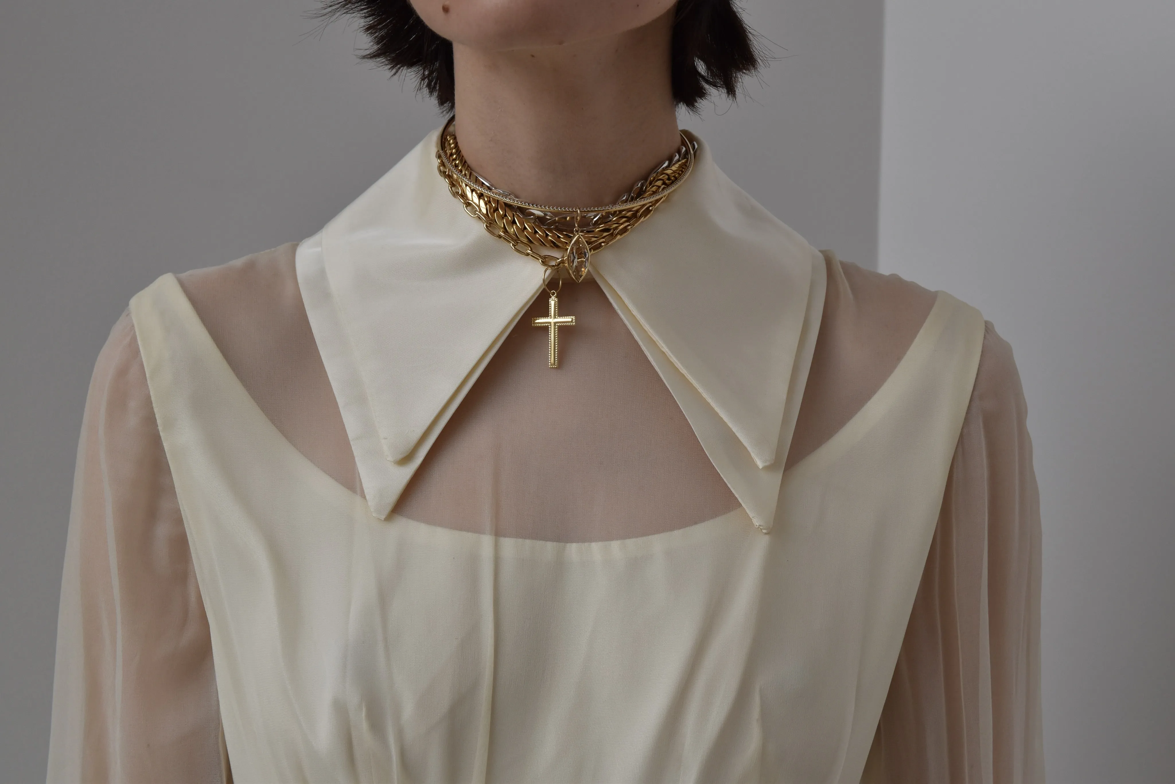 Vintage 1960’s Silk Double Collar Gown with Silk Organza Sleeves and Silk Taffeta Double Cuff