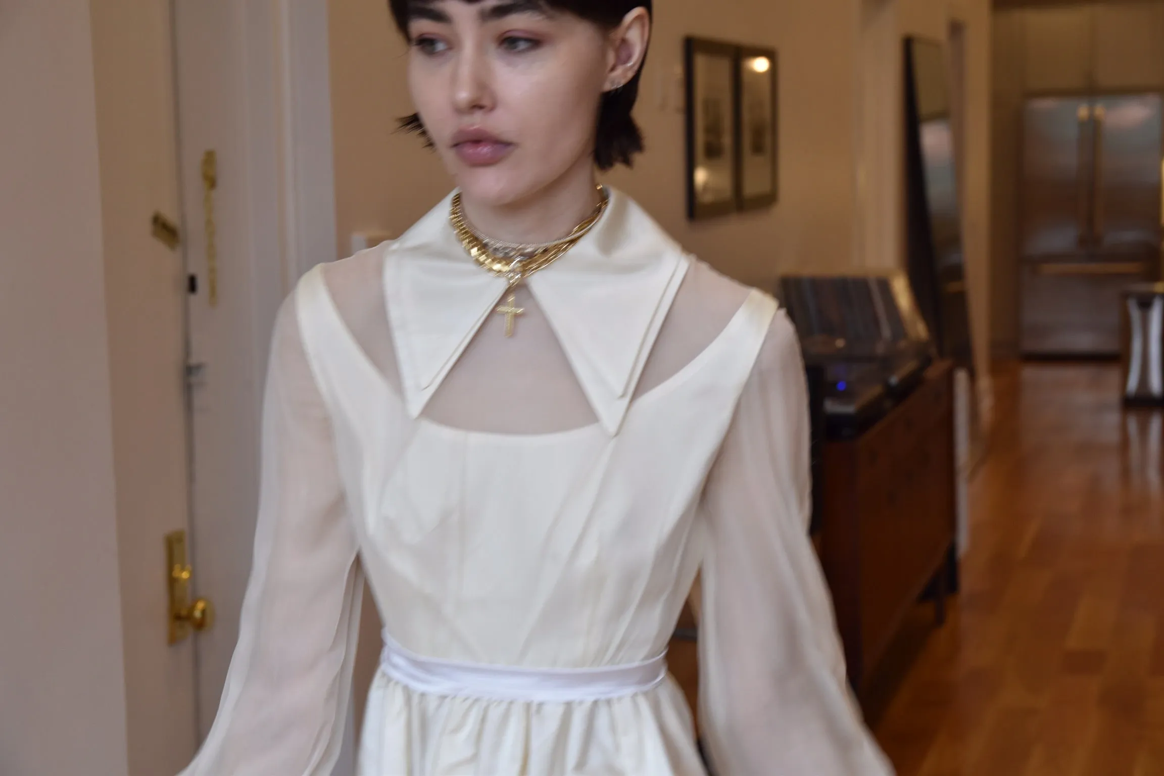 Vintage 1960’s Silk Double Collar Gown with Silk Organza Sleeves and Silk Taffeta Double Cuff