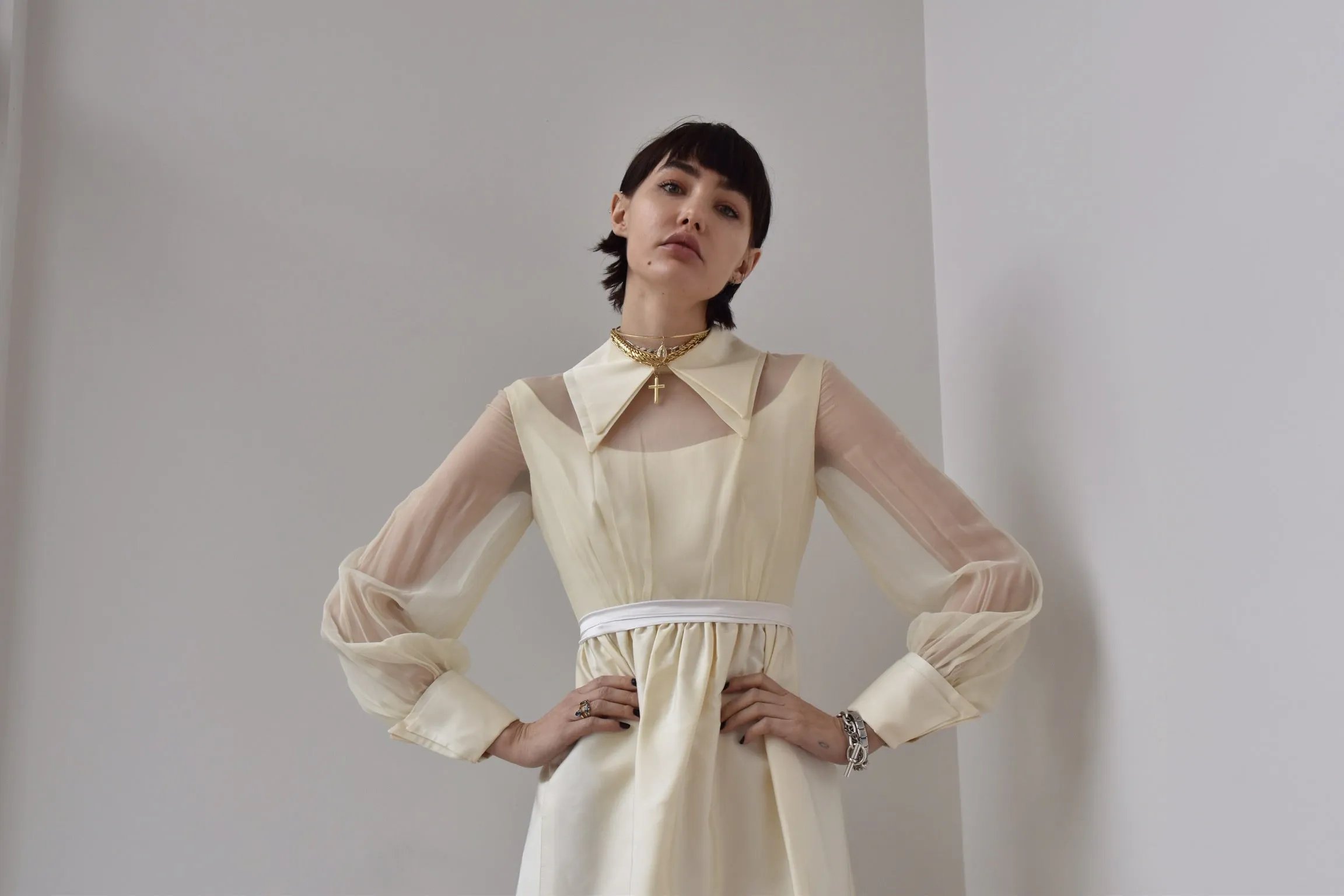 Vintage 1960’s Silk Double Collar Gown with Silk Organza Sleeves and Silk Taffeta Double Cuff