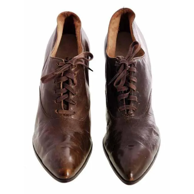 Vintage Brown Leather Ladies Shoes Louis Heels Oxfords S 7-7.5 Edwardian-1920