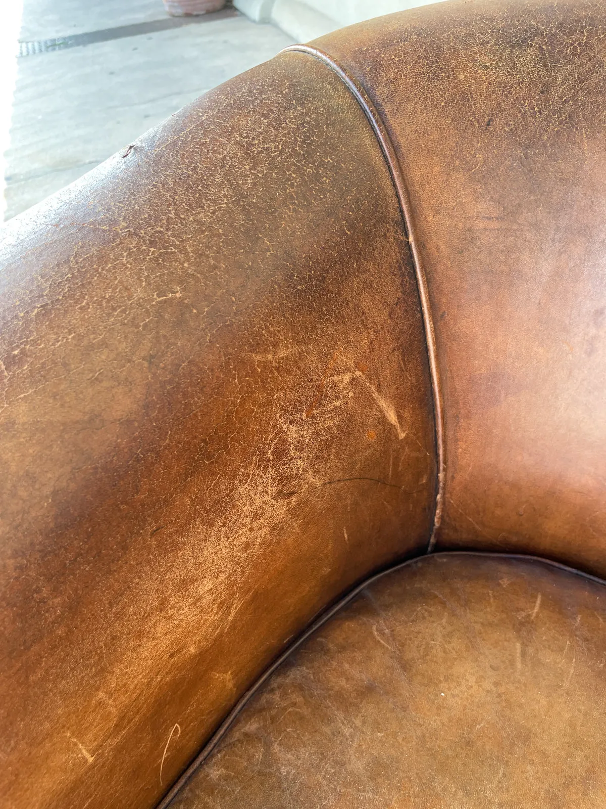 Vintage European Leather Tub Chair with Brass Nailhead Detail