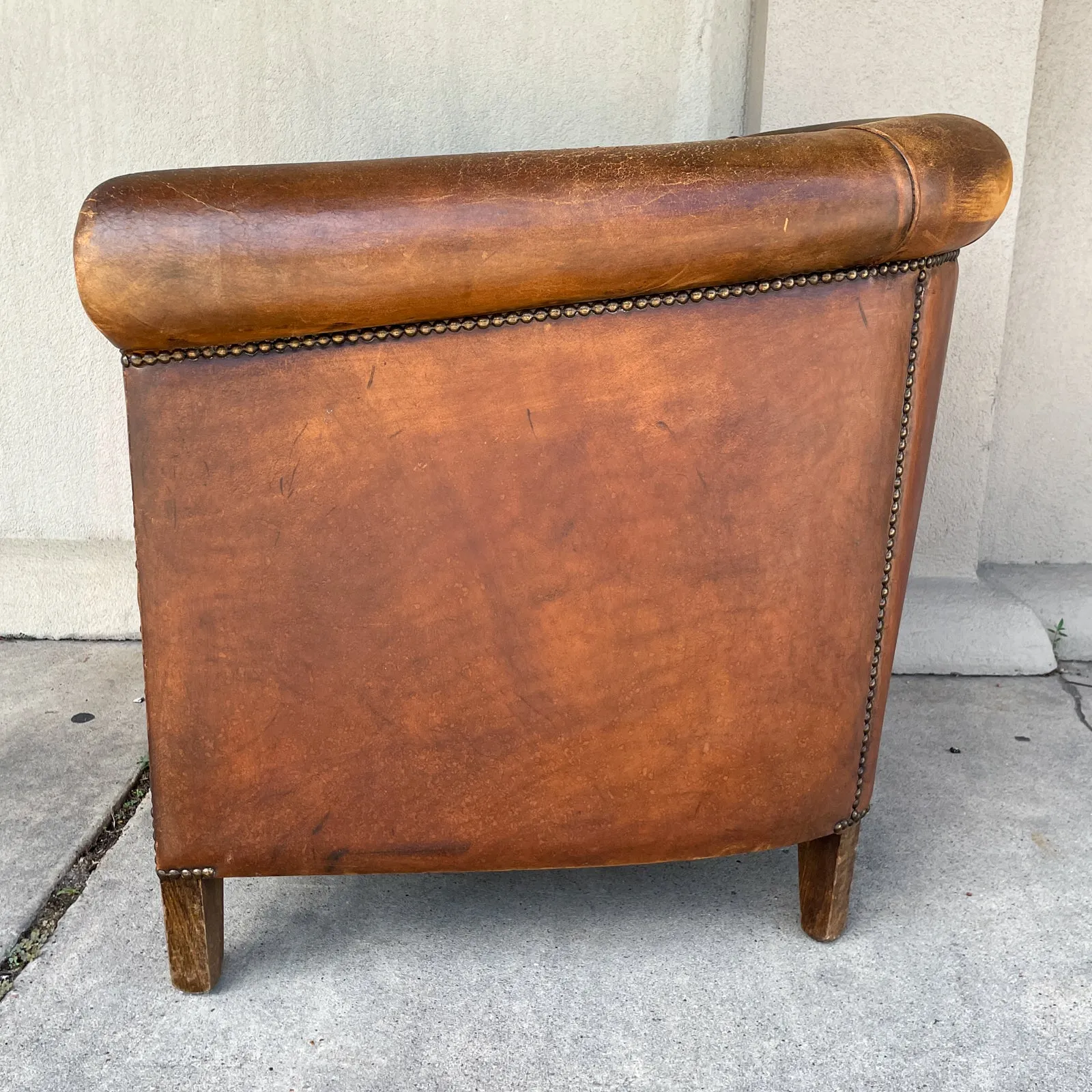 Vintage European Leather Tub Chair with Brass Nailhead Detail