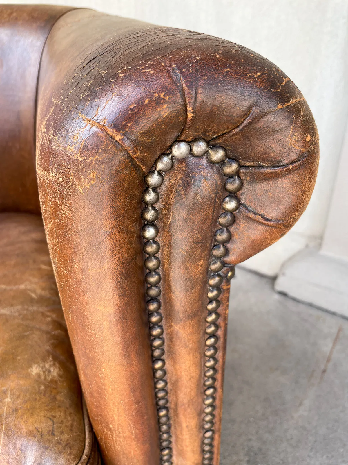 Vintage European Leather Tub Chair with Brass Nailhead Detail