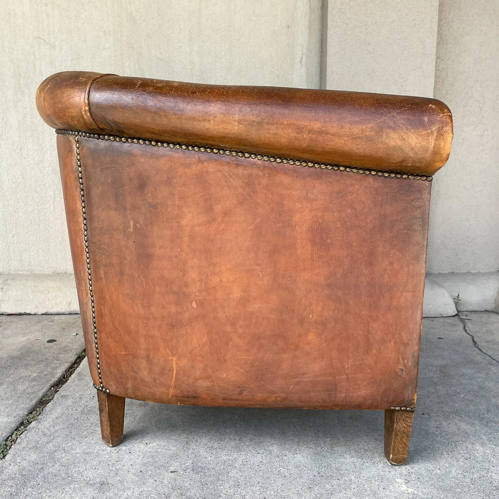 Vintage European Leather Tub Chair with Brass Nailhead Detail