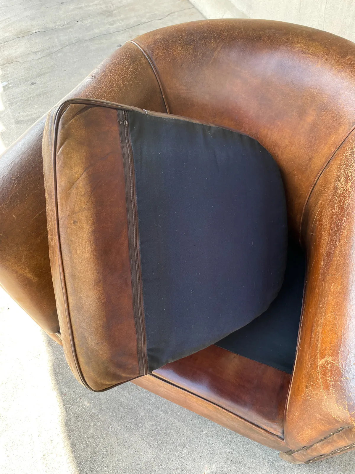 Vintage European Leather Tub Chair with Brass Nailhead Detail