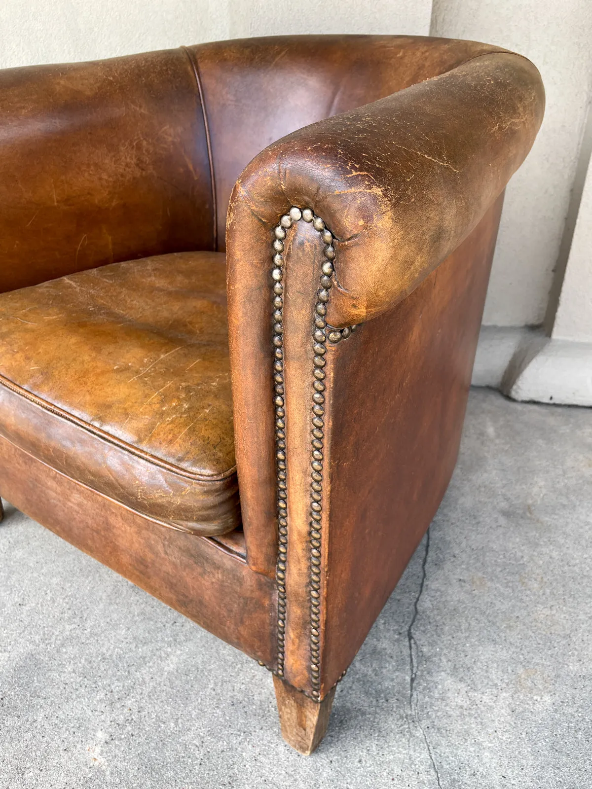 Vintage European Leather Tub Chair with Brass Nailhead Detail