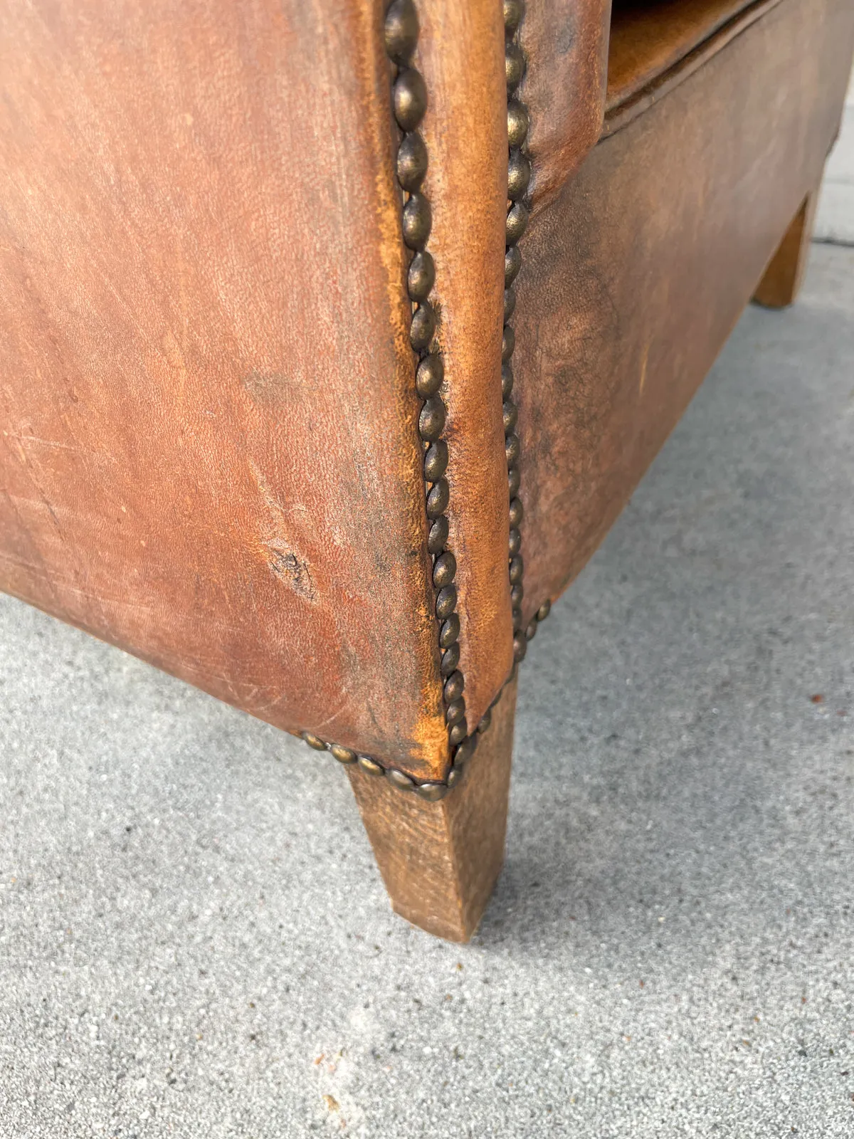 Vintage European Leather Tub Chair with Brass Nailhead Detail