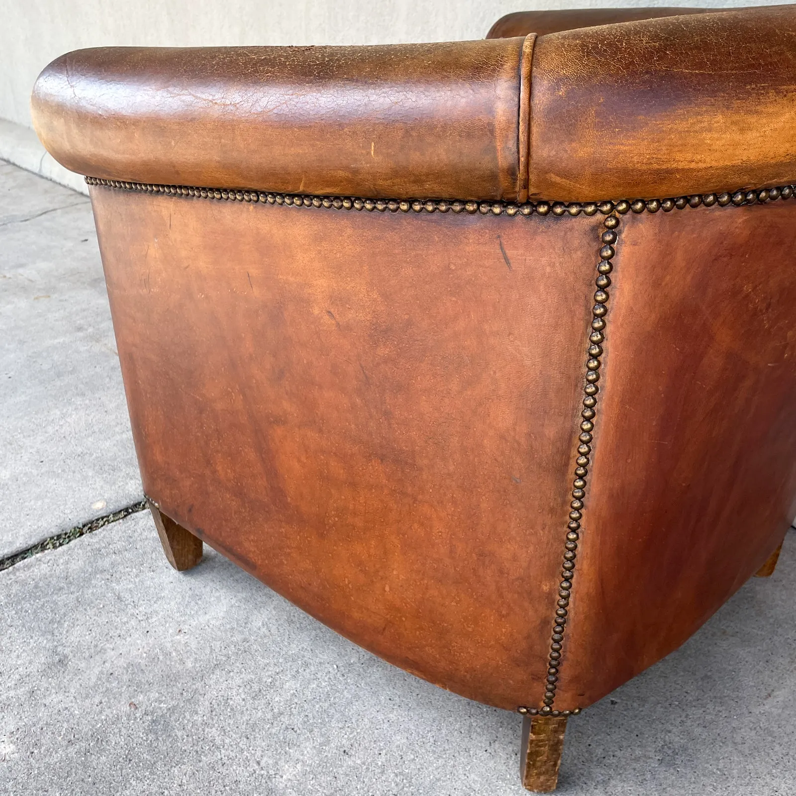 Vintage European Leather Tub Chair with Brass Nailhead Detail