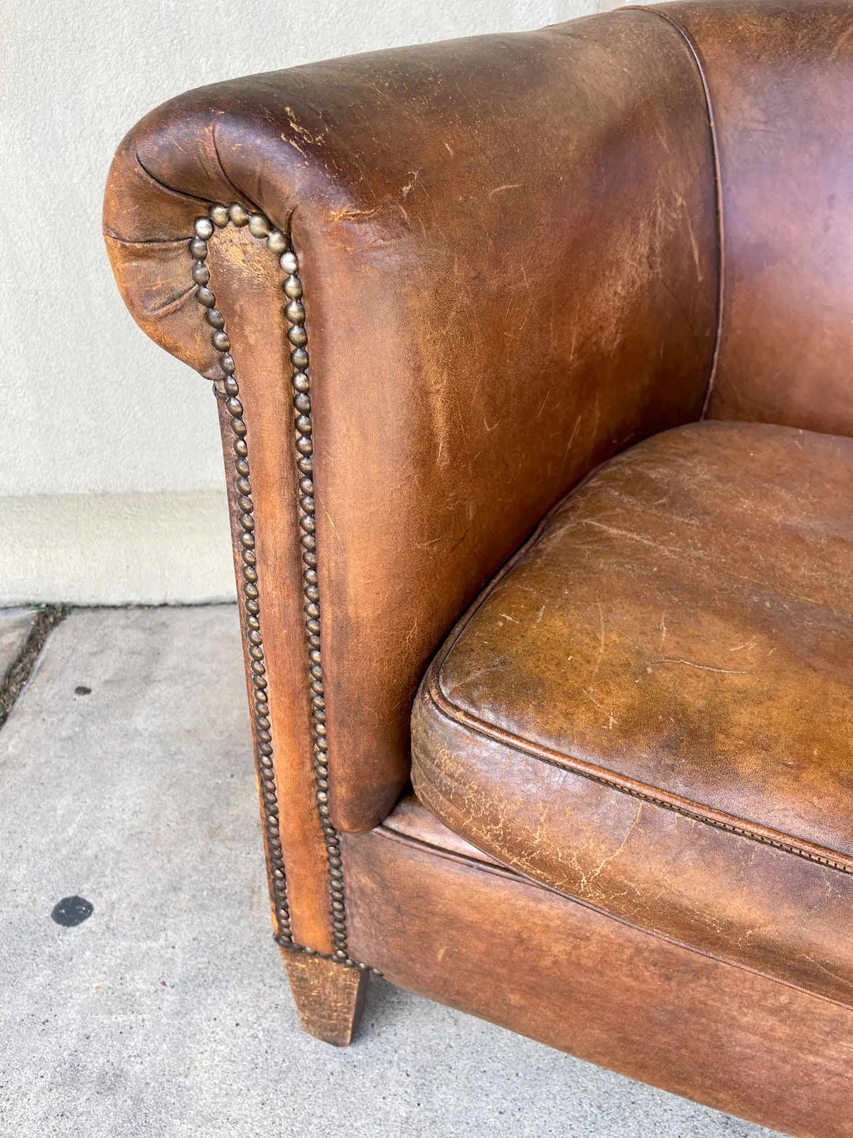 Vintage European Leather Tub Chair with Brass Nailhead Detail