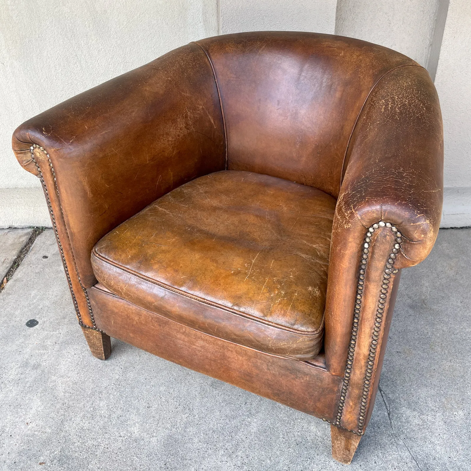 Vintage European Leather Tub Chair with Brass Nailhead Detail