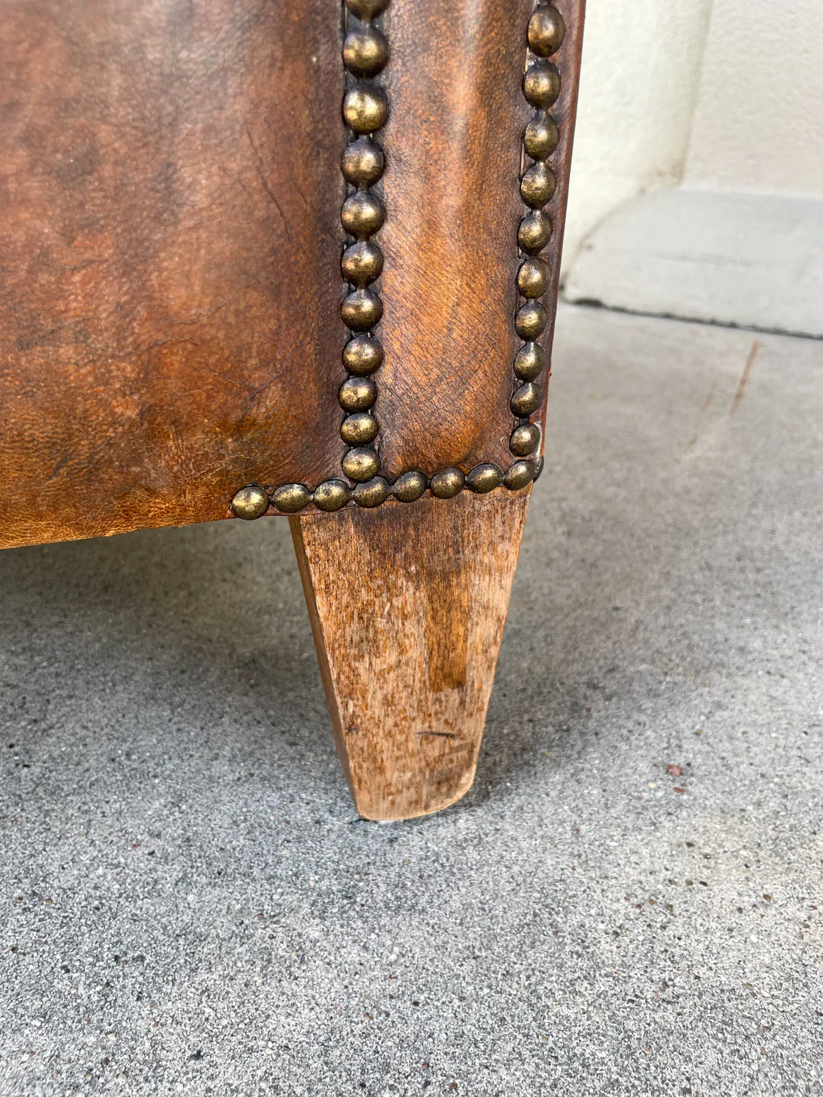 Vintage European Leather Tub Chair with Brass Nailhead Detail