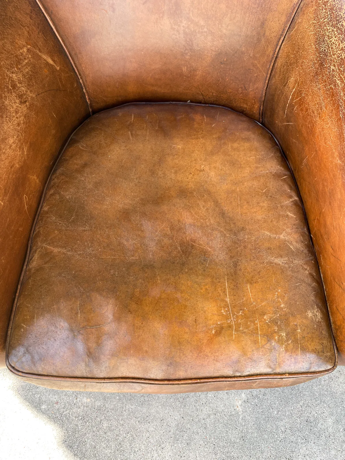 Vintage European Leather Tub Chair with Brass Nailhead Detail