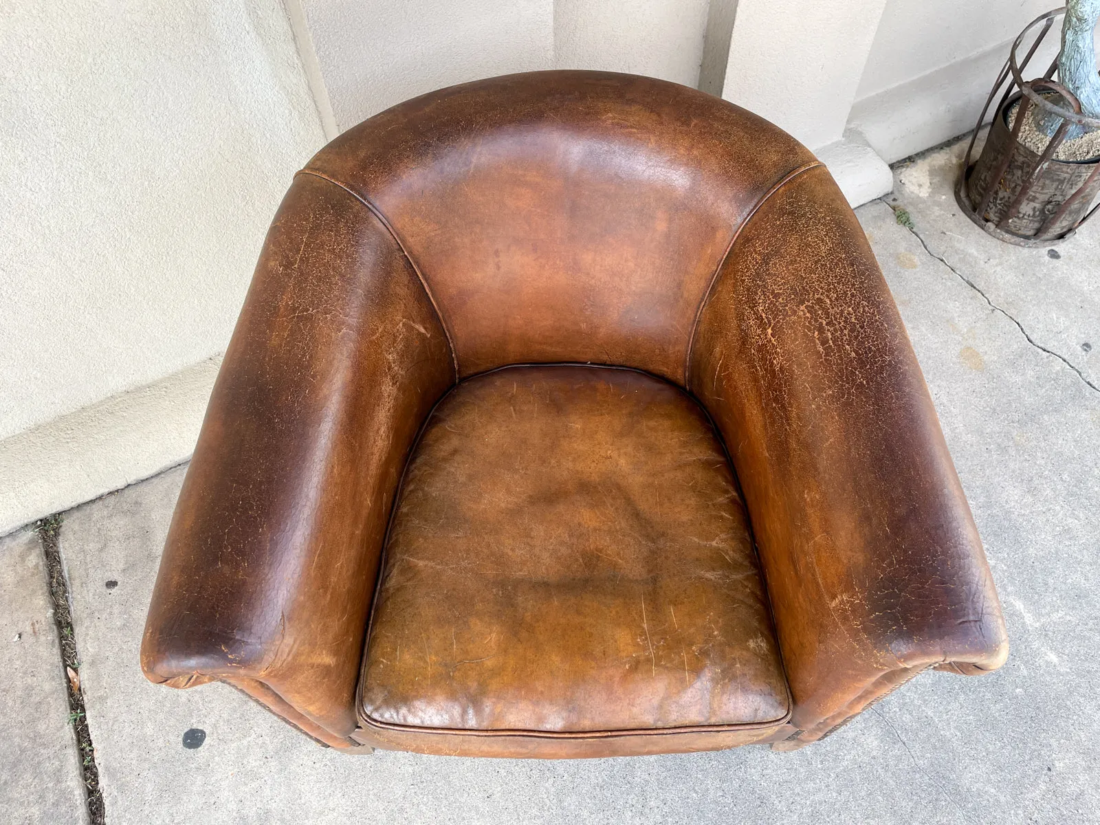 Vintage European Leather Tub Chair with Brass Nailhead Detail