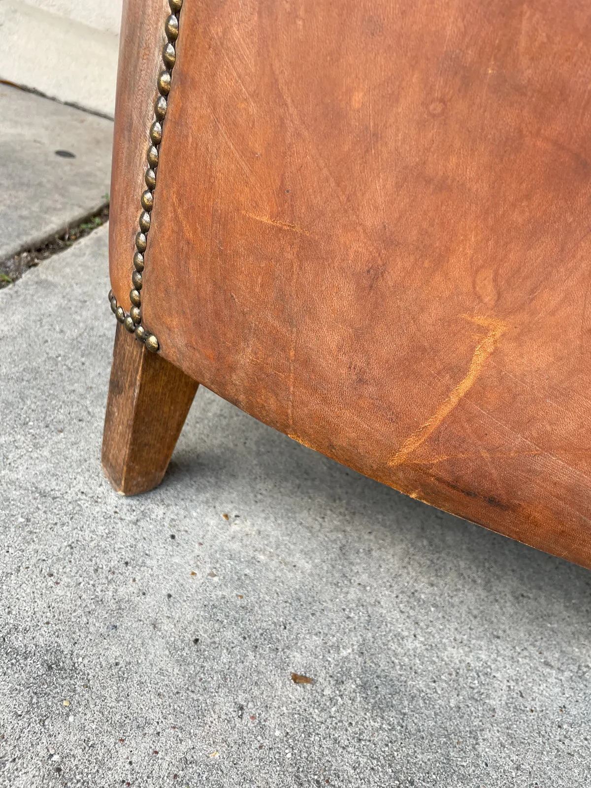 Vintage European Leather Tub Chair with Brass Nailhead Detail