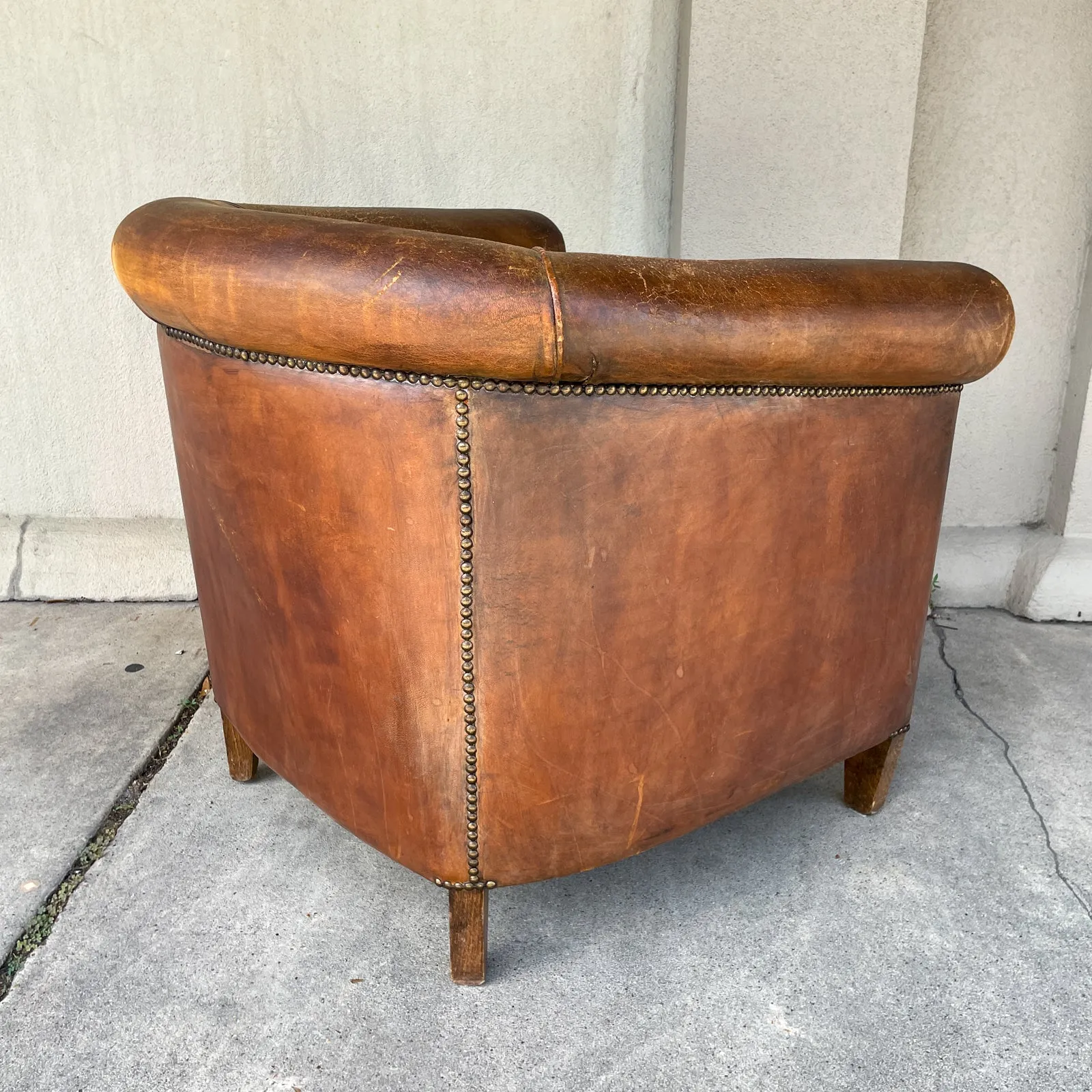 Vintage European Leather Tub Chair with Brass Nailhead Detail
