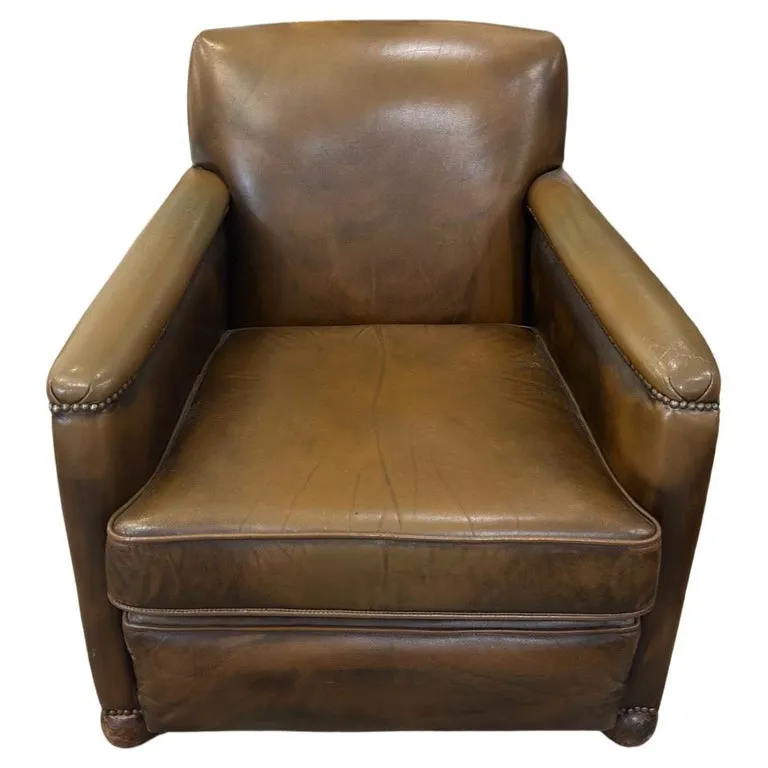 Vintage French Leather Chair with Nailhead Detail