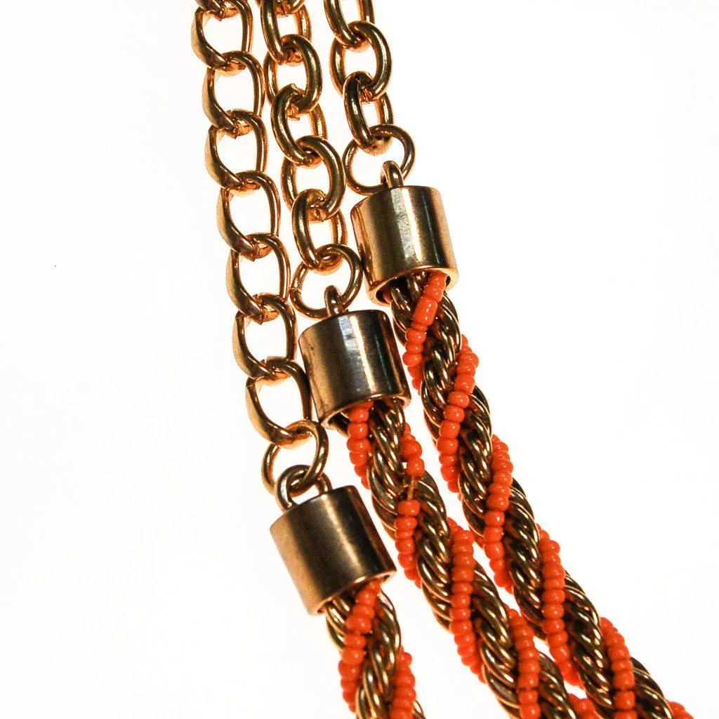 Vintage Gold and Orange Bead Triple Strand Necklace