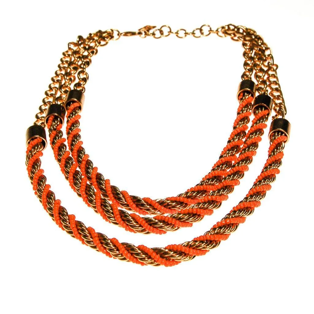 Vintage Gold and Orange Bead Triple Strand Necklace