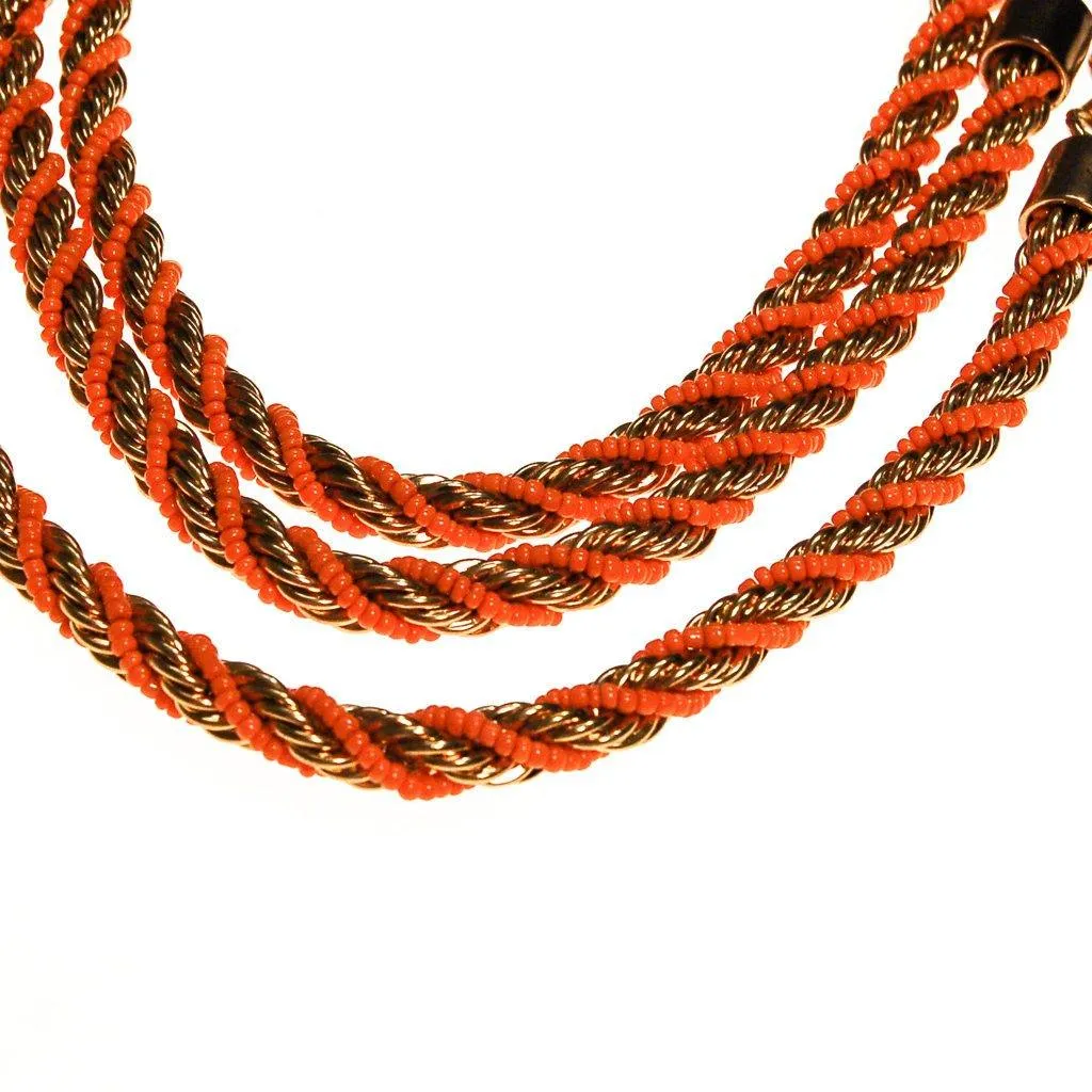 Vintage Gold and Orange Bead Triple Strand Necklace