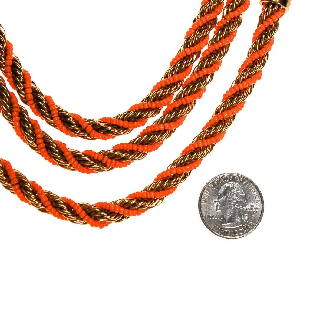Vintage Gold and Orange Bead Triple Strand Necklace