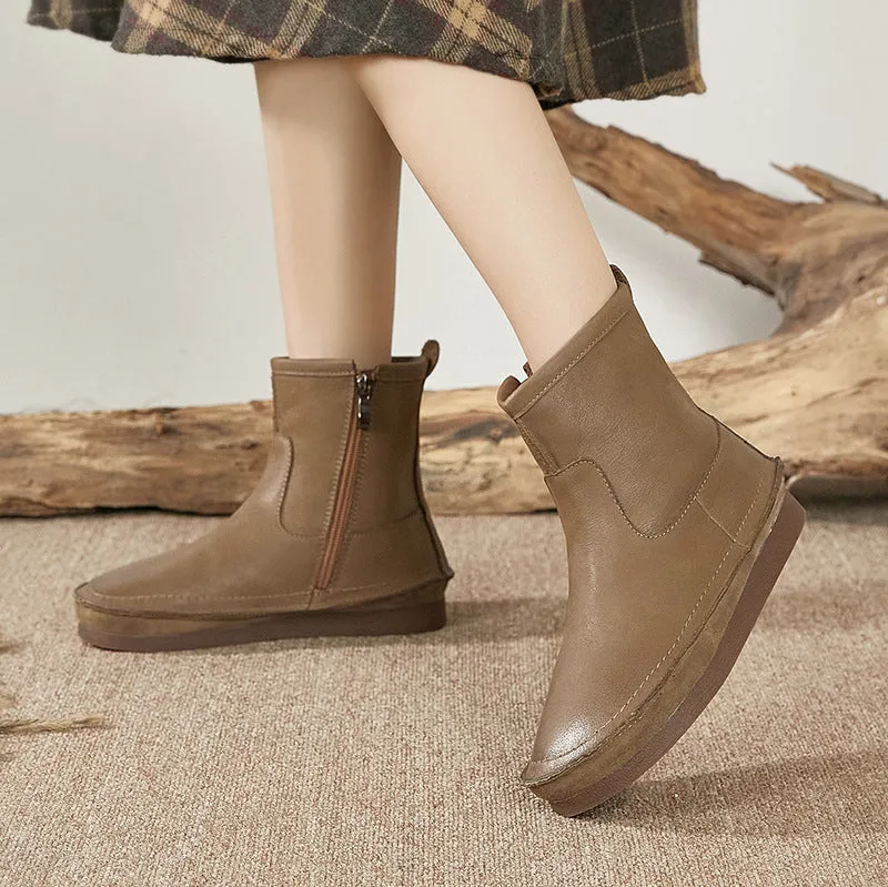 Vintage Handmade Genuine Leather Flat Thick Fur Boots Soft Bottom Side Zipper Women's Shoes