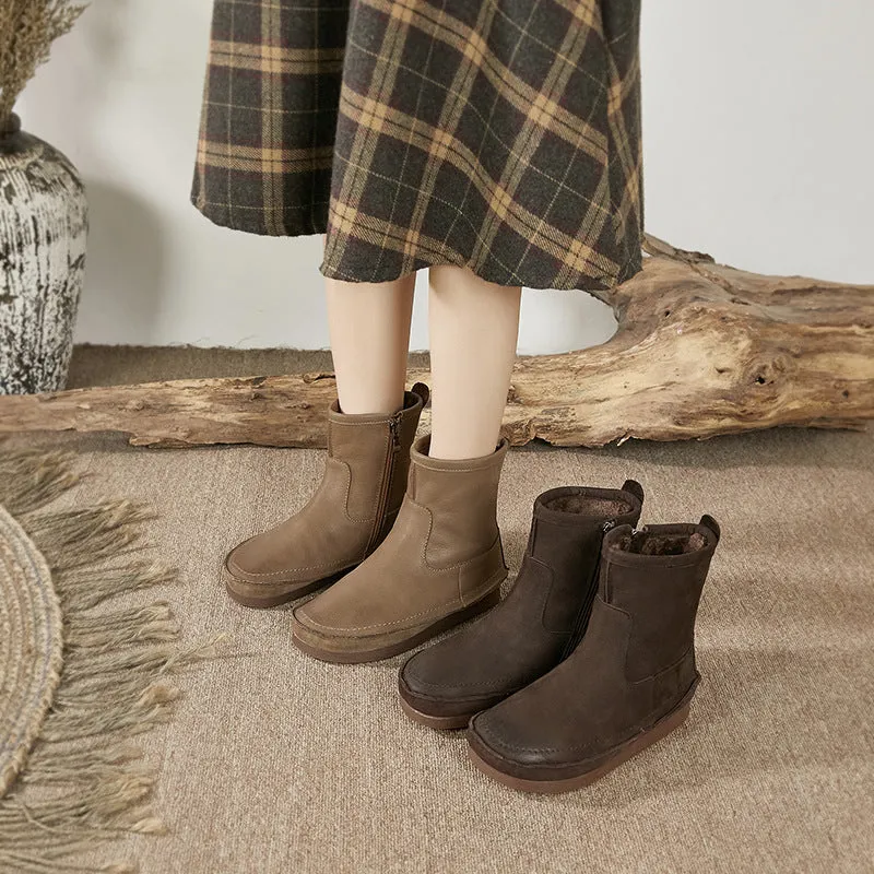 Vintage Handmade Genuine Leather Flat Thick Fur Boots Soft Bottom Side Zipper Women's Shoes