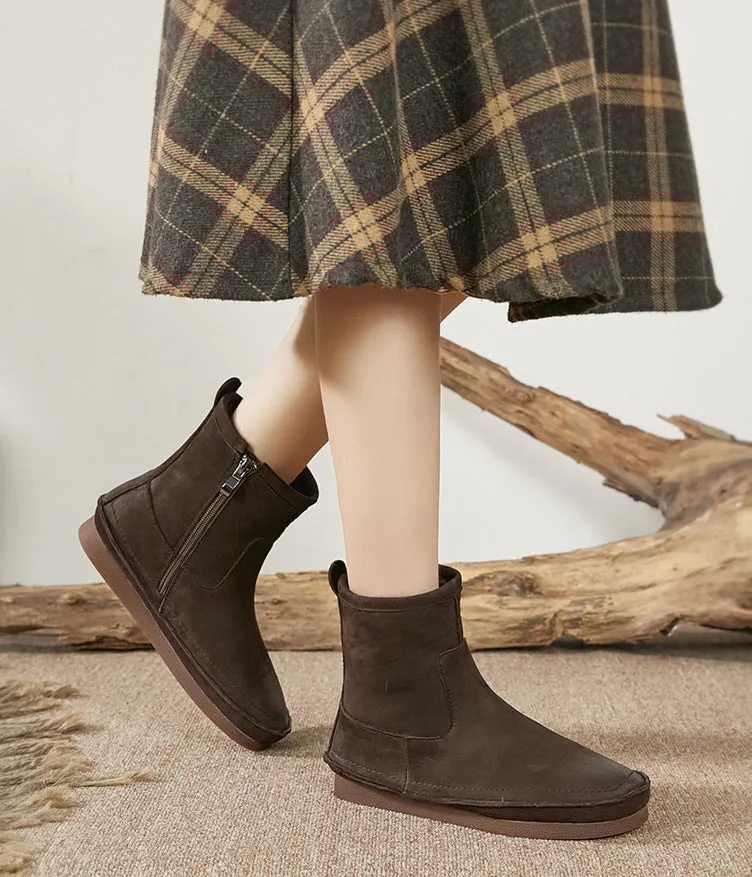Vintage Handmade Genuine Leather Flat Thick Fur Boots Soft Bottom Side Zipper Women's Shoes