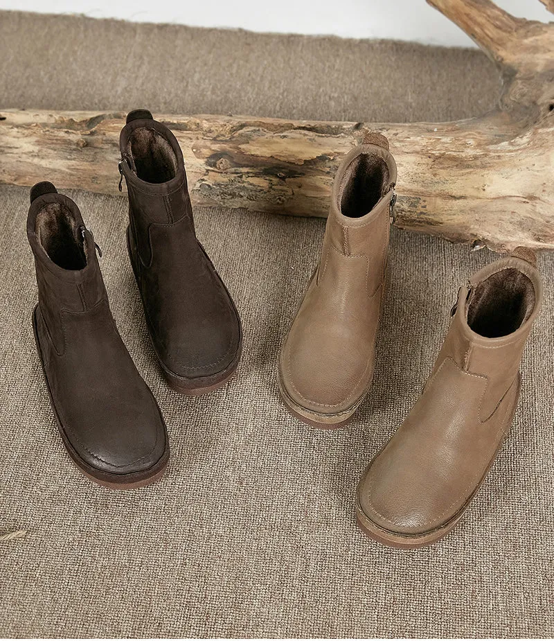 Vintage Handmade Genuine Leather Flat Thick Fur Boots Soft Bottom Side Zipper Women's Shoes