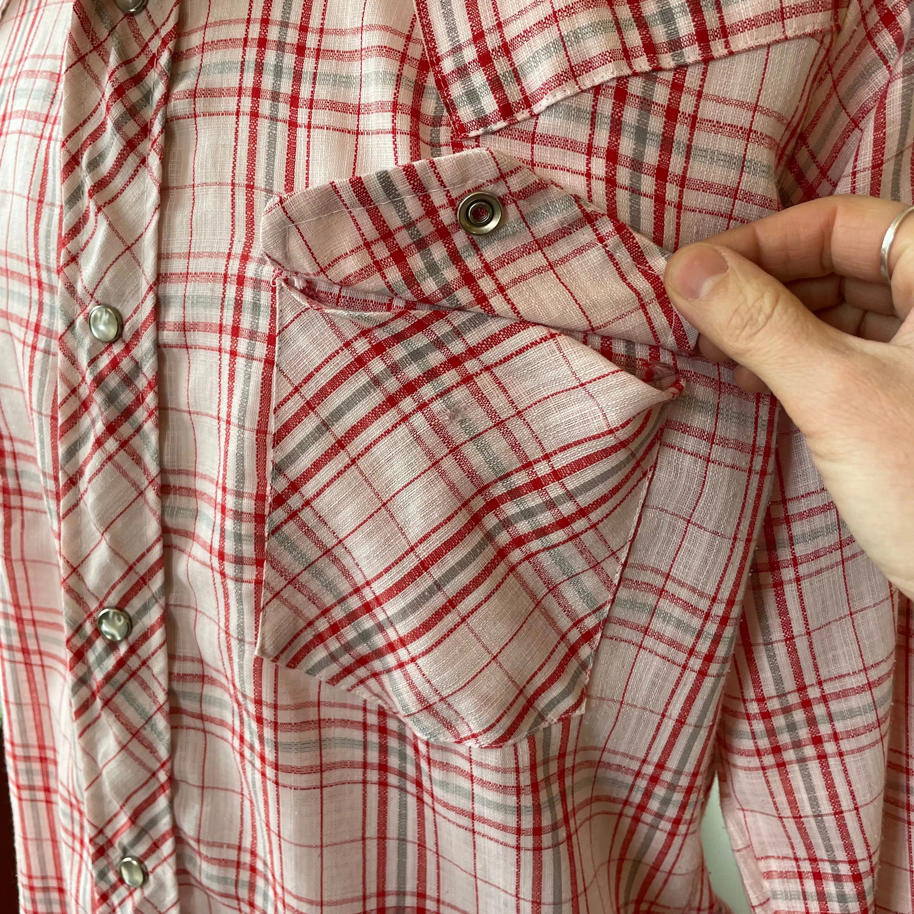 Vintage Handmade Western Plaid Pearl Snap Oxford Shirt // Large  (HT2333)