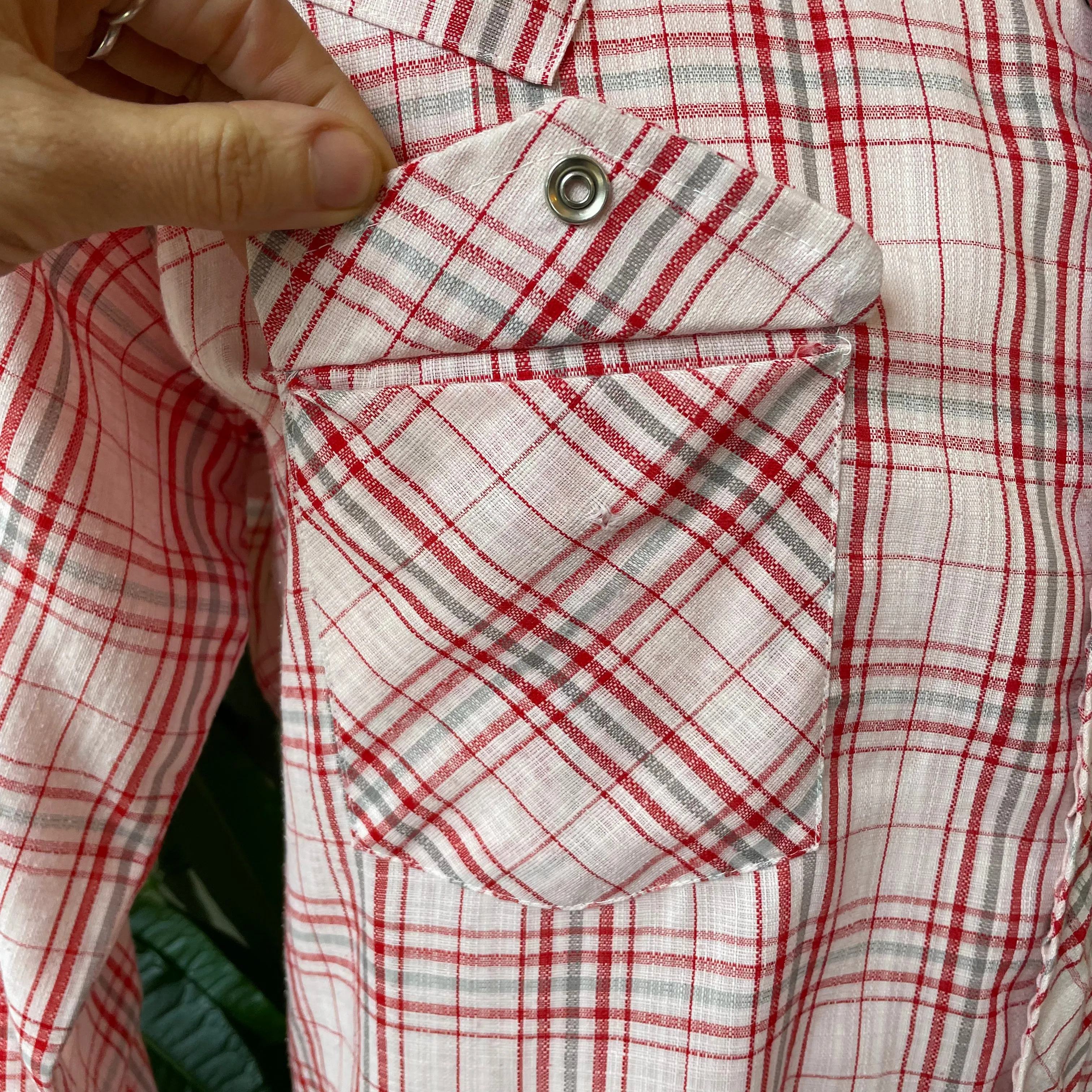 Vintage Handmade Western Plaid Pearl Snap Oxford Shirt // Large  (HT2333)