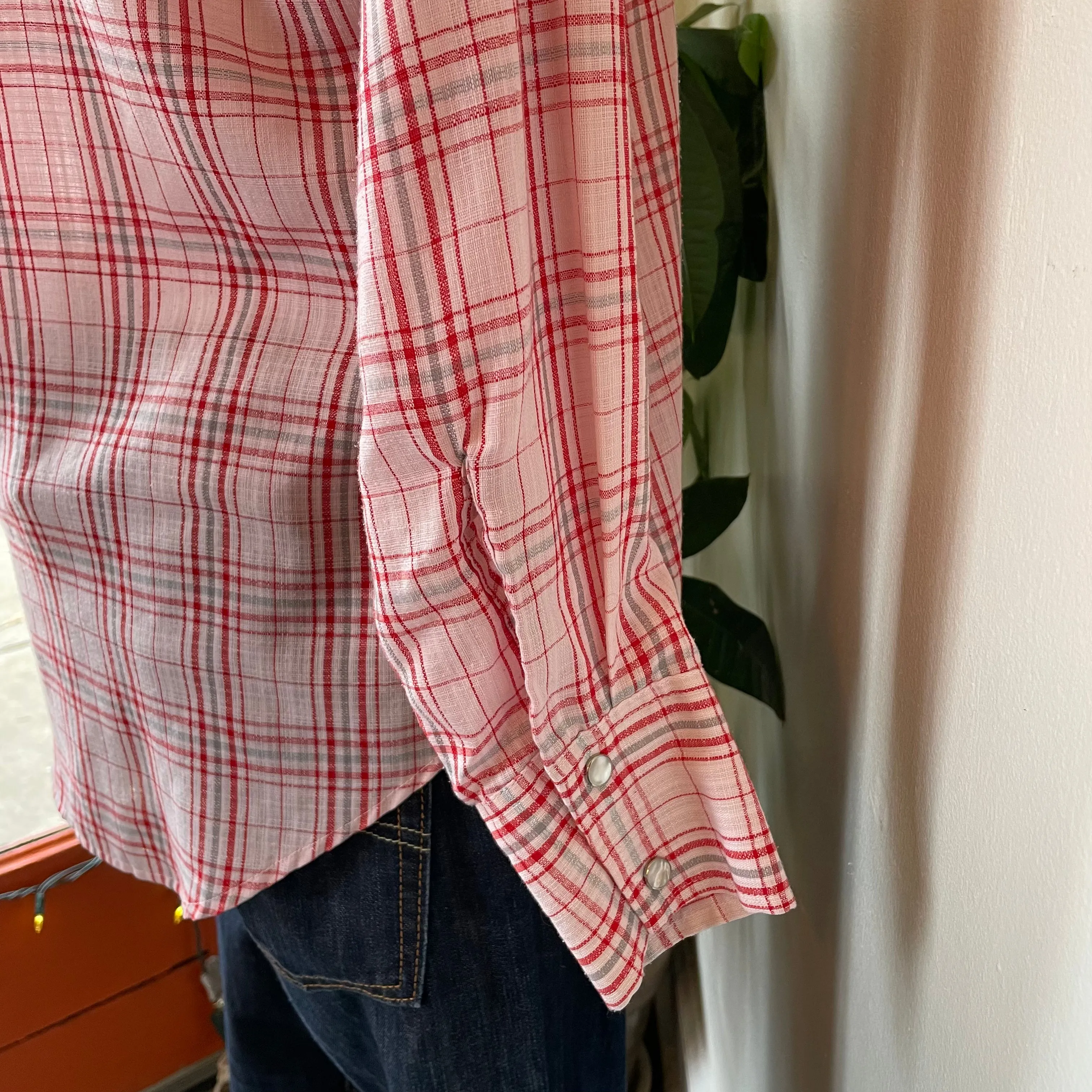 Vintage Handmade Western Plaid Pearl Snap Oxford Shirt // Large  (HT2333)