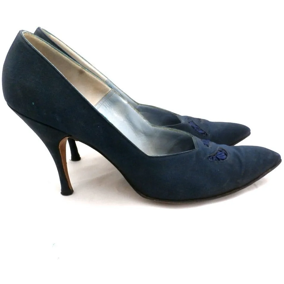 Vintage Midnight Blue Silk Pumps Lorenzo 1950S 7.5N