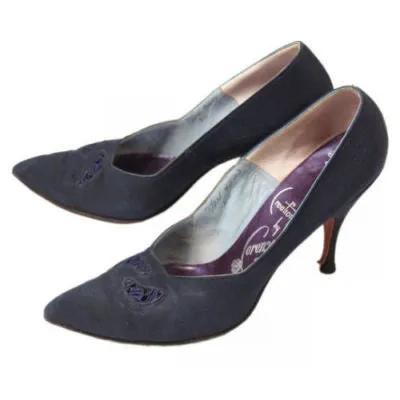 Vintage Midnight Blue Silk Pumps Lorenzo 1950S 7.5N