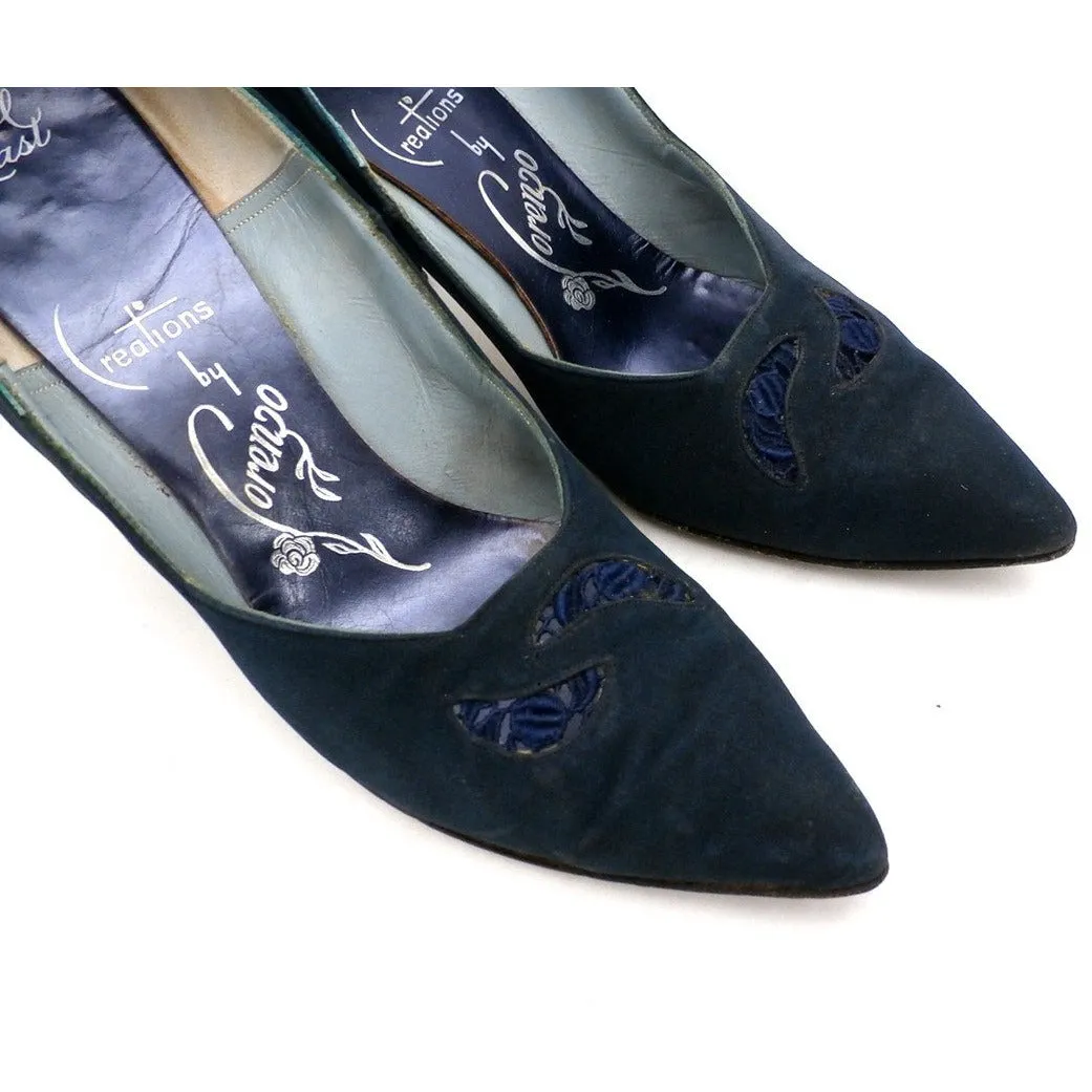 Vintage Midnight Blue Silk Pumps Lorenzo 1950S 7.5N