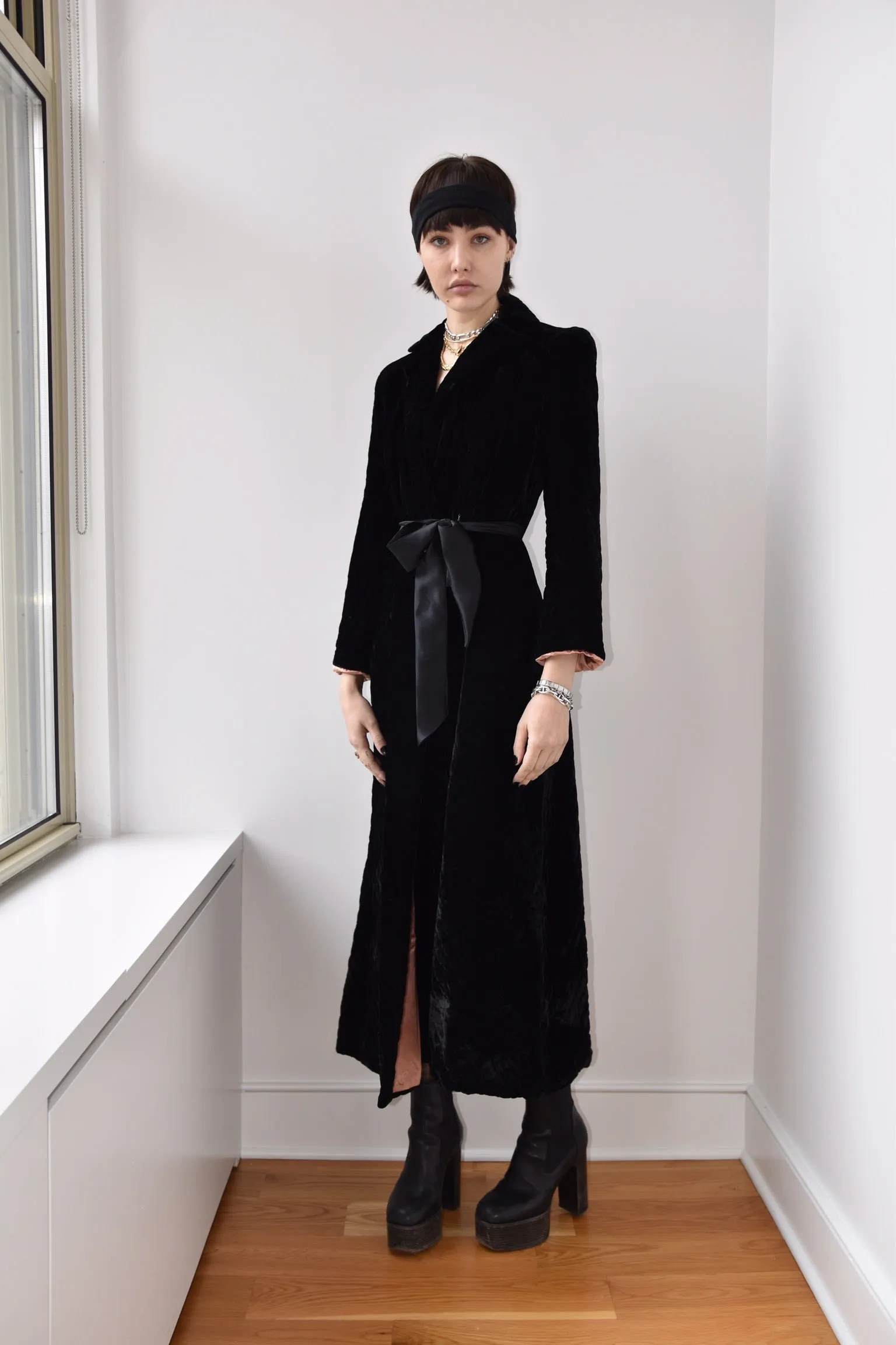 Vintage Quilted 1970’s Velvet Coat with Rose Satin Lining