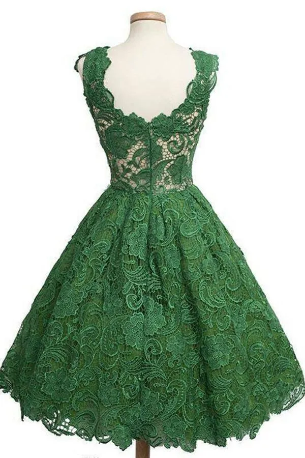 Vintage Scoop Knee-Length Sleeveless Hunter Lace Homecoming Dress TR0120