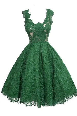 Vintage Scoop Knee-Length Sleeveless Hunter Lace Homecoming Dress TR0120