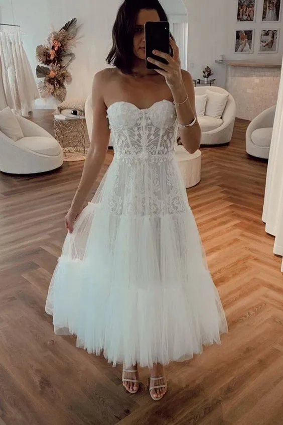 VINTAGE WHITE STRAPLESS SHORT SUMMER TULLE WEDDING DRESS     fg3669